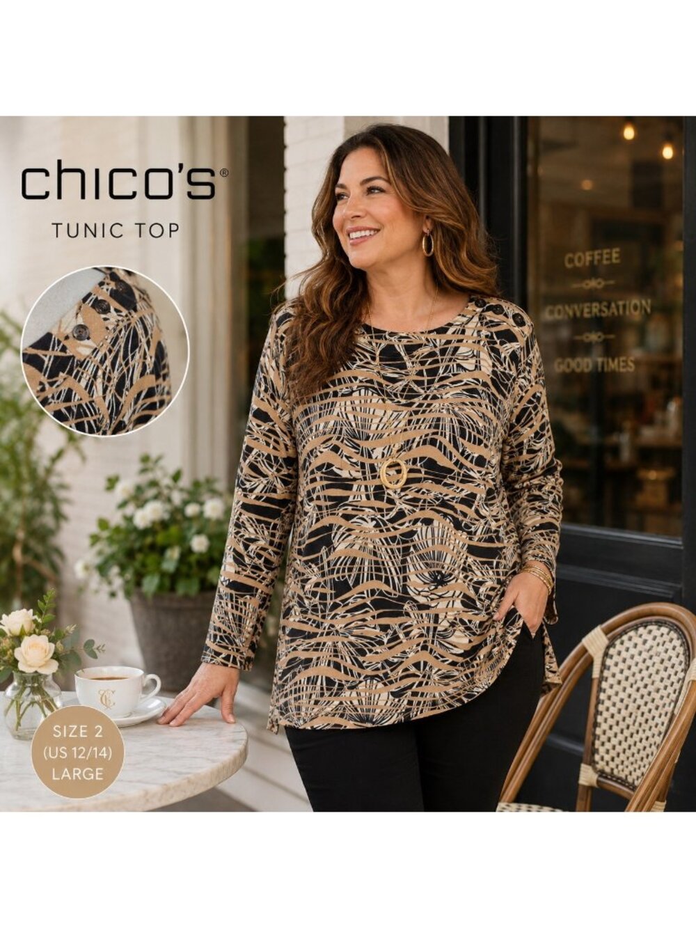 Chico’s Tunic Top Size 2 US L Tan Black Abstract Print Button Shoulder Cotton
